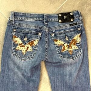 Miss Me Bootcut Jeans 28 Cowhide Pocket Embellished Low Rise Dark   Wash